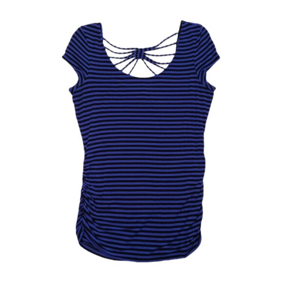 Candies Womens Medium Top Purple & Black Striped Short Sleeve Strappy Back Ruch - Picture 1 of 10